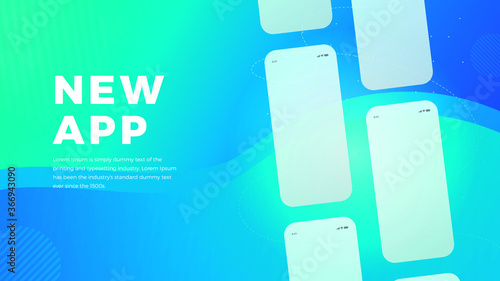 Plantilla mockup app lanzamiento para banner o promoción, con fondo azul. Pantallas aplicación diseño moderno.
