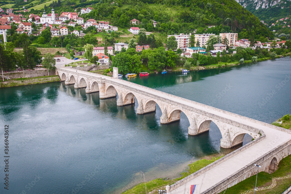 Historic bridge over the Drina River, Panoramic view of Famous Tourist Attraction, Visegrad, Bosnia and Herzegovina