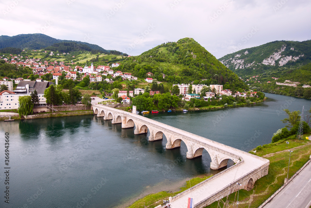 Historic bridge over the Drina River, Panoramic view of Famous Tourist Attraction, Visegrad, Bosnia and Herzegovina