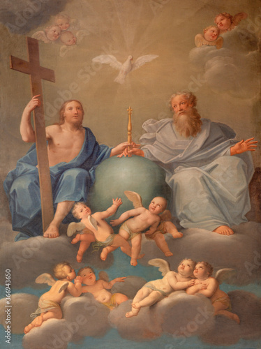 BOLOGNA, ITALY - MARCH 17, 2014: Paint Holy Trinity in baroque church Chiesa Corpus Christi by Marcantonio Franceschini (1648 - 1729).