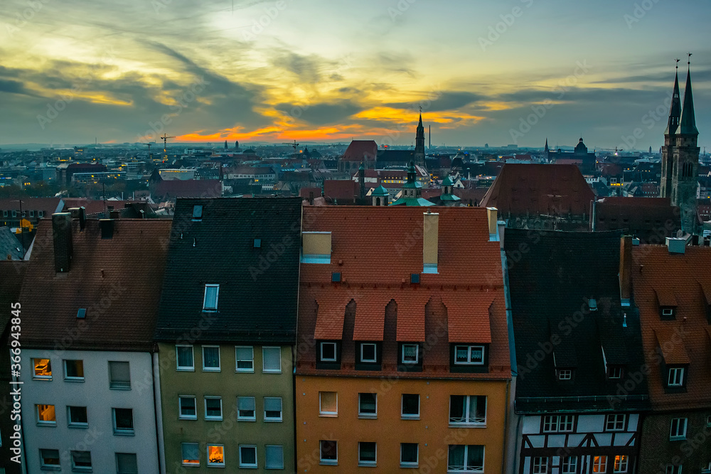 View at historical center of old German city Nuremberg from the Nuremberg castle at the morning, Germany. October 2014