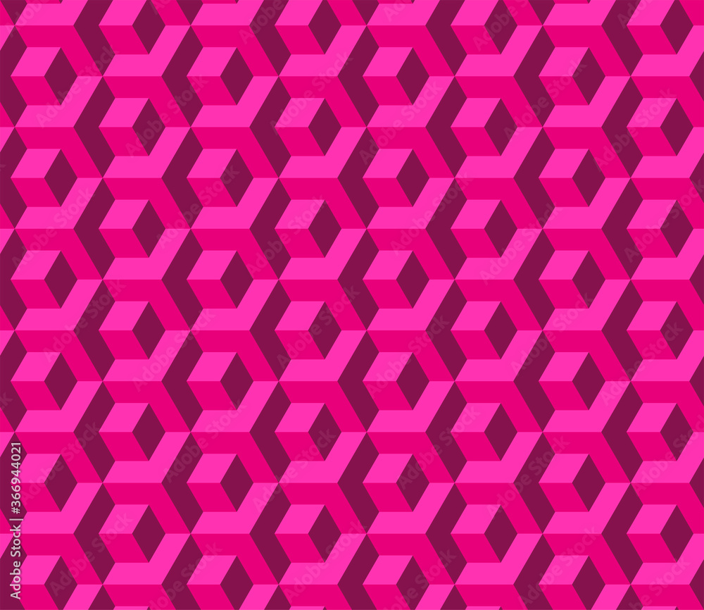Abstract seamless pattern of geometric cubes. Pink color. 3D vector background. Modern stylish texture. Abstract seamless pattern of geometric cubes. Pink color. 3D vector background. Modern stylish texture.