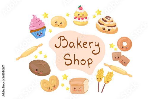 Cartoon Bakery Shop lettering with kawaii characters. Cute happy & funny wheat bread, bun, cupcakes mascots, crackers vector illustration isolated on white. Kids menu design. Smiling food emoji.