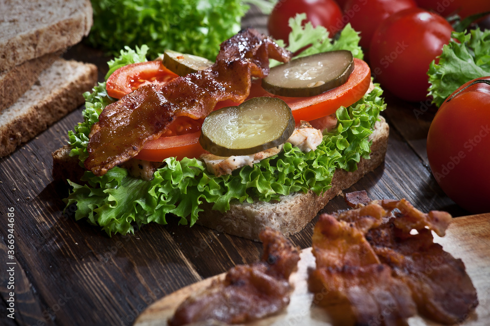 closeup of smoked meat sandwich with green salad, fresh tomatoes, pickled cucumbers and bread, on dark wooden table background closeup of smoked meat sandwich with green salad, fresh tomatoes, pickled cucumbers and bread, on dark wooden table background