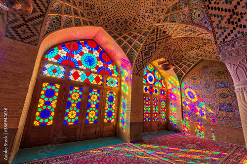 Nasir-ol-Molk Mosque or Pink Mosque, Light patterns from colored stained glass illuminating the iwan, Shiraz, Fars Province, Iran, Asia