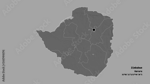 Matabeleland North, province of Zimbabwe, with its capital, localized, outlined and zoomed with informative overlays on a bilevel map in the Stereographic projection. Animation 3D photo