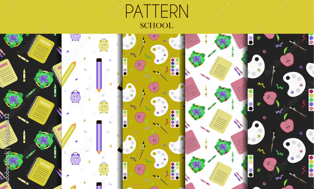 A set of seamless patterns with school stationery items. Flat vector design for school, office, store or website. Set of items books, notebooks, markers, pens, folders, paints, scissors, paper clips A set of seamless patterns with school stationery items. Flat vector design for school, office, store or website. Set of items books, notebooks, markers, pens, folders, paints, scissors, paper clips