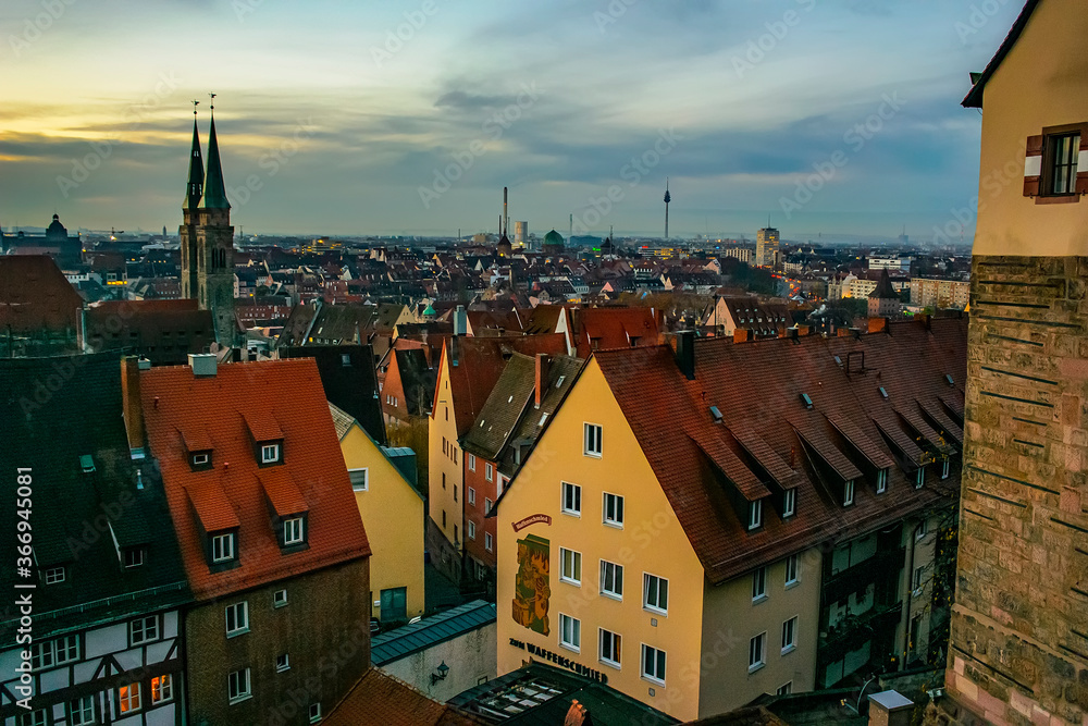 Obraz premium View at historical center of old German city Nuremberg from the Nuremberg castle at the morning, Germany. October 2014