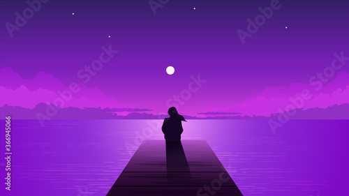 Night silhouette lonely girl with rising moon. Alone dreamy woman looking at purple sky with moon among clouds on sea pier illustration vector person loneliness pensive depression.