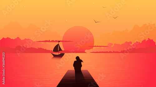 Lonely woman silhouette on sunset. Alone dreamy girl looking at orange sunset with a sailing ship among clouds on sea pier illustration person loneliness pensive vector depression.