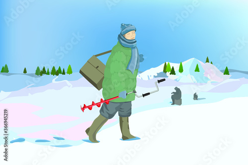 Winter fishing, fishermen on frozen river. Vector Illustration photo