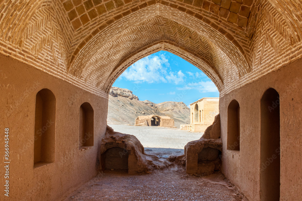 Ruins of ritual buildings near Dakhmeh Zoroastrian Tower of Silence, Yazd, Iran