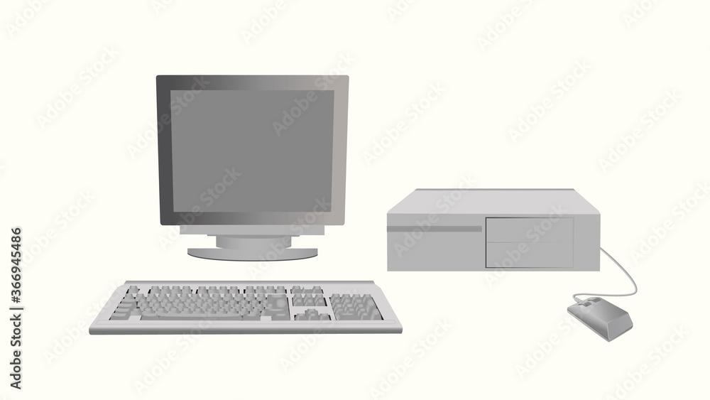 Personal computer retro gray. Old gadget classic monitor with an outdated mouse and system flat block gaming working vector equipment from the 80s and 90s. Personal computer retro gray. Old gadget classic monitor with an outdated mouse and system flat block gaming working vector equipment from the 80s and 90s.
