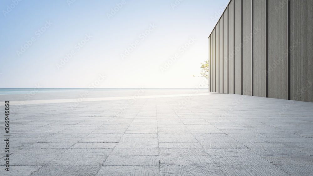 Empty concrete floor and gray wall. 3d rendering of sea view plaza with clear sky background. - obrazy, fototapety, plakaty 