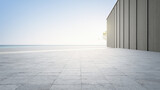 Empty concrete floor and gray wall. 3d rendering of sea view plaza with clear sky background.