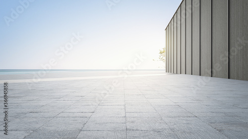 Empty concrete floor and gray wall. 3d rendering of sea view plaza with clear sky background. photo