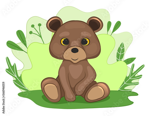 Cute baby bear in a forest clearing. Background of leaves and plants. Cartoon style. Vector illustration.