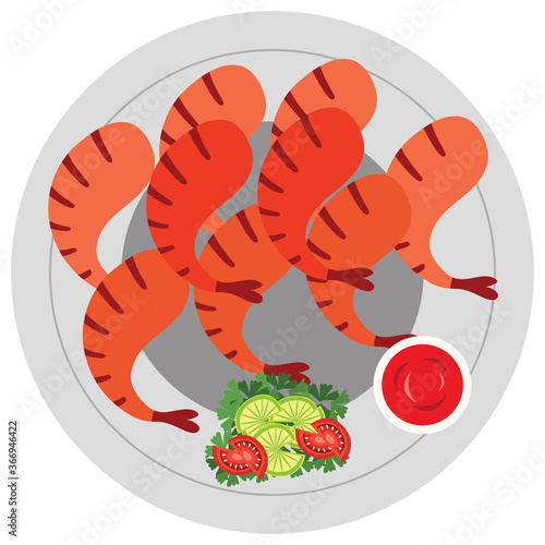 Plateful of grilled prawns and sauce