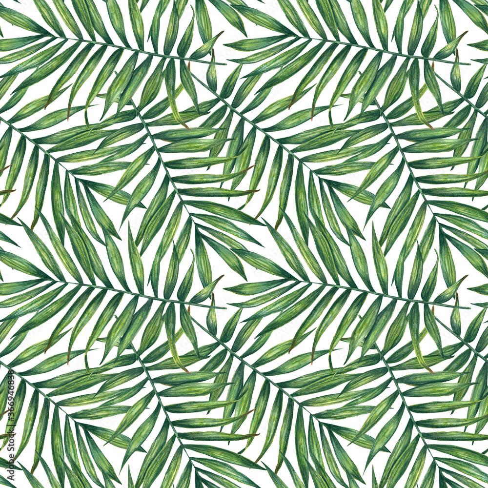 Palm leaves watercolor seamless pattern. Hand painted background. For wrapping paper, textiles, wallpaper and fabric pattern.