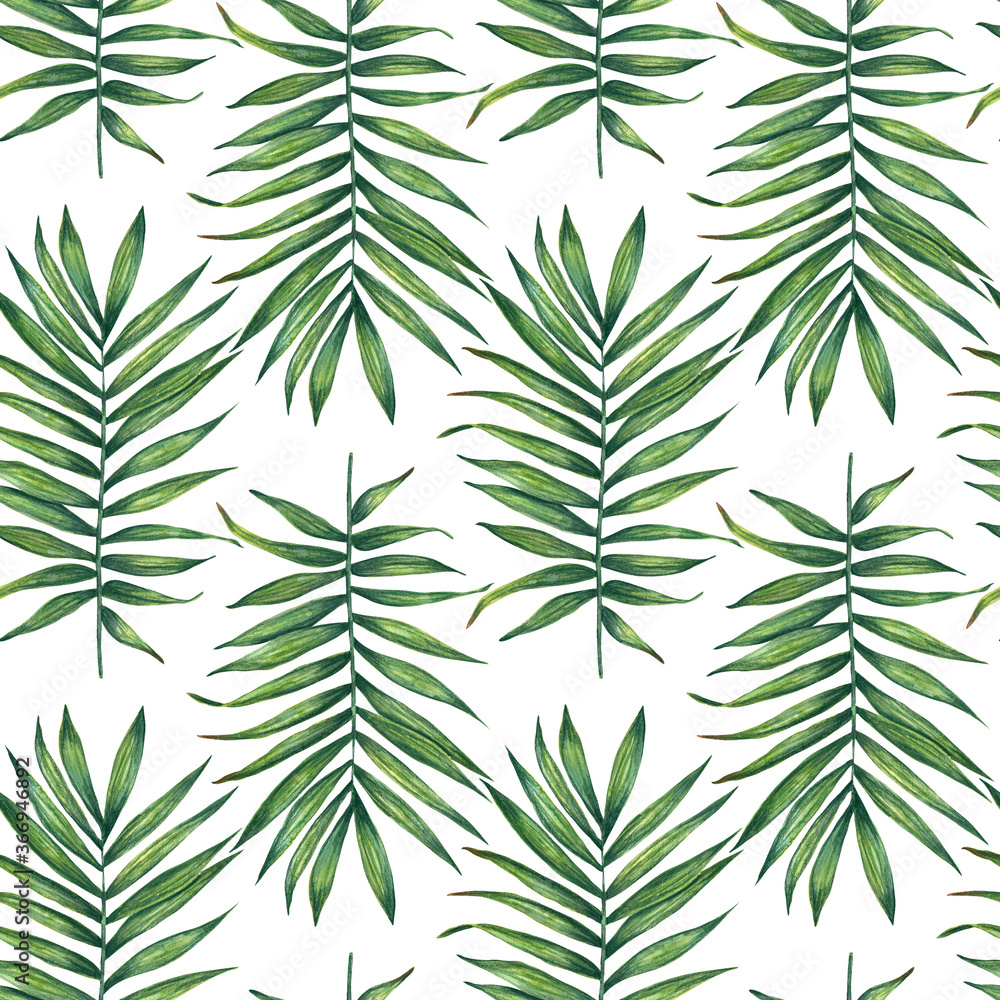 Watercolor seamless pattern with palm branches. Hand painted background. For wrapping paper, textiles, wallpaper and fabric pattern.