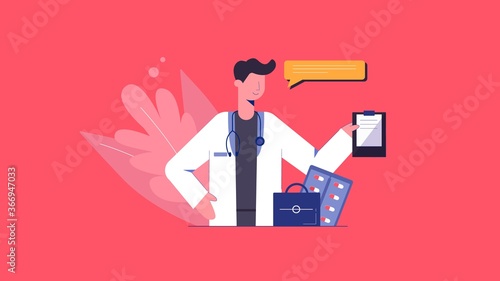 Doctor with prescription illustration. Physician gives recommendations on treatment and prevention of coronavirus professional presentation of vector healthcare developments.
