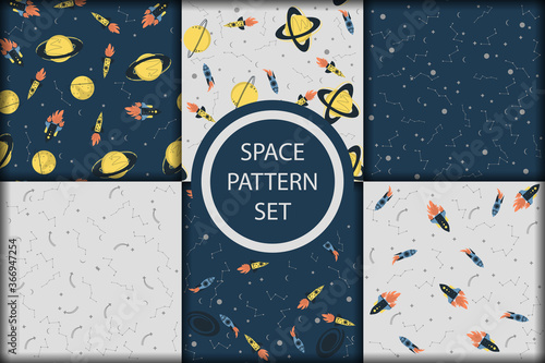 Vector space seamless pattern with planets, comets, constellations, rockets and stars. Sky illustration astronomical background. Use for textile, zodiac star yoga mat, phone case, notebook cover