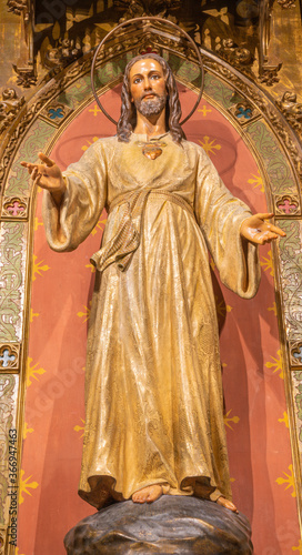 BARCELONA, SPAIN - MARCH 3, 2020: The carved polychrome statue of Heart of Jesus in the chruch Iglesia Sant Ramon De Penyafort.