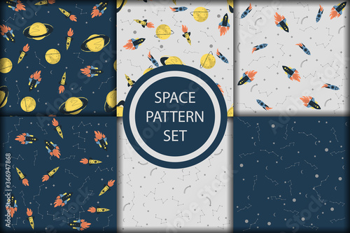 Vector space seamless pattern with planets, comets, constellations, rockets and stars. Sky illustration astronomical background. Use for textile, zodiac star yoga mat, phone case, notebook cover