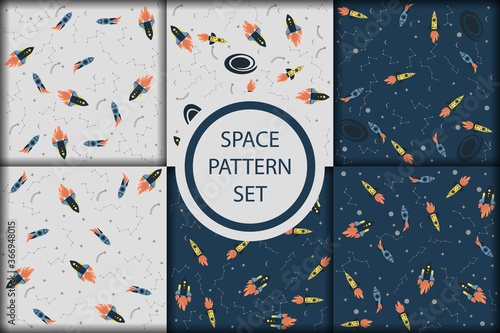 Vector space seamless pattern with planets, comets, constellations, rockets and stars. Sky illustration astronomical background. Use for textile, zodiac star yoga mat, phone case, notebook cover