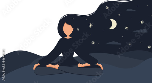 Girl in yoga lotus practices meditation at night outdoor. Nature background with moon. Banner, card or landing page template. Vector illustration in flat style. Young woman meditating