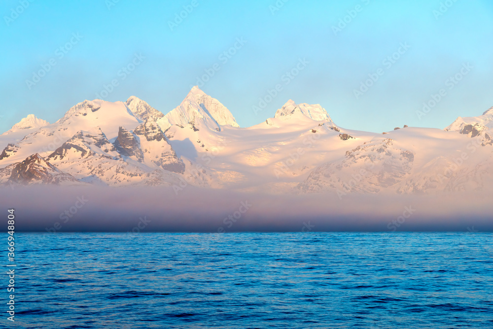 Snow covered mountains on South Georgia West coast, South Georgia and the Sandwich Islands, Antarctica