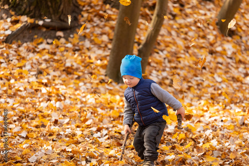 The child is played in the autumn foliage