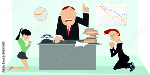 Angry boss scolds staff illustration. Angry chief scolds frightened kneeling woman and man 
