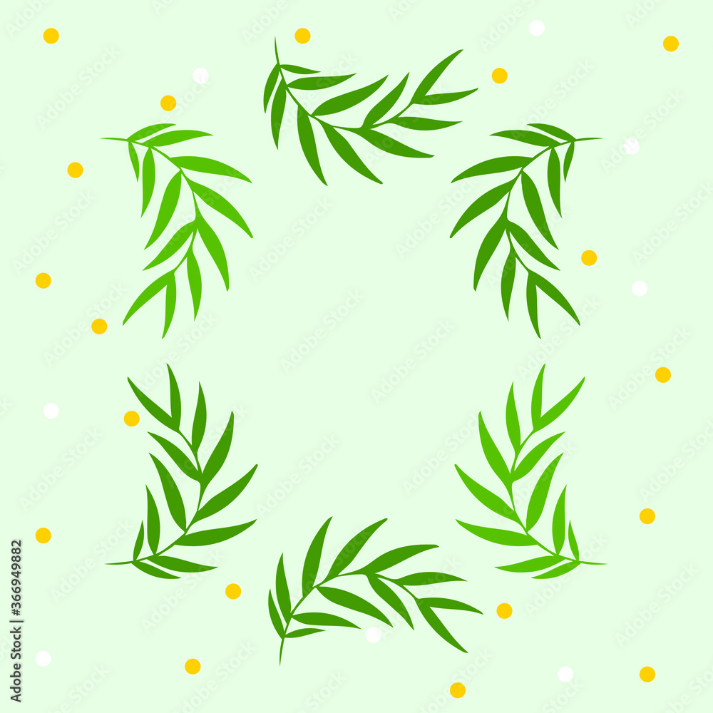Obraz premium Tropical leave modern flat pattern, frame with colorful dots on light green background. Summer theme.