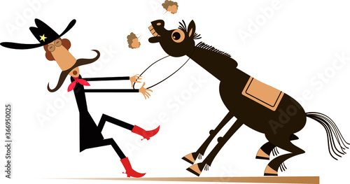 Cartoon rodeo illustration. Man or cowboy in the Stetson hat with long mustache is trying to hold the stubborn horse isolated on white
