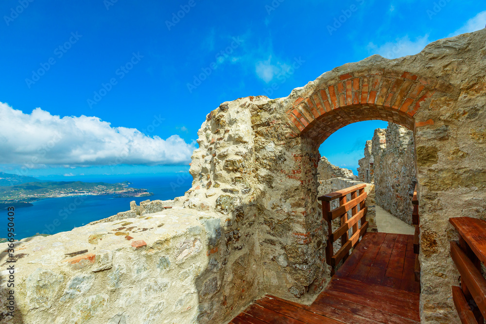 top arcade balcony of the Volterraio Castle, the oldest fortress on Elba Island, Tuscany, Italy. never conquered in all history.