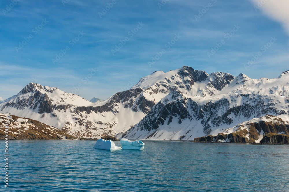 Snow covered mountains, Ocean harbour, South Georgia Island, Antarctic Snow covered mountains, Ocean harbour, South Georgia Island, Antarctic
