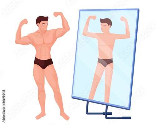 Reflection in mirror of a man no muscles. Male bodybuilder character with pumped up muscles is reflected in mirror as thin and weak concept of vector desire being passed off as reality.