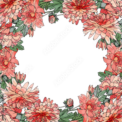 Vector floral frame of pink and red flowers. Frame with Chrysanthemums and green leaves on white background. Design for invitation template, greeting card, saving the date card.