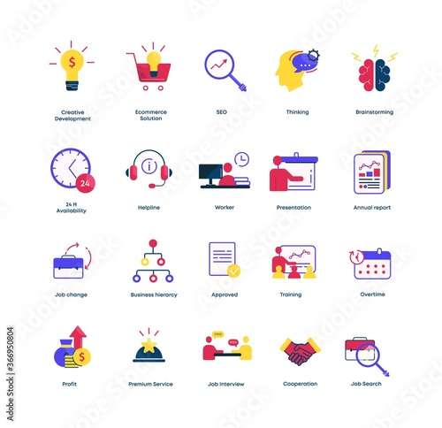 Business icons set. Financial training customer support line SEO optimization presentation and idea of new project job search with premium account intensive work on delivery vector deadline.