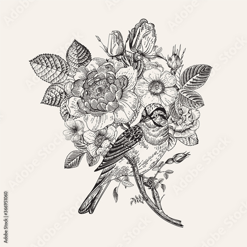 Bird and roses. Decorative element. Vintage vector illustration. Black and white