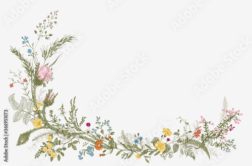 Vintage floral vector element. A lot of flowers. Colorful