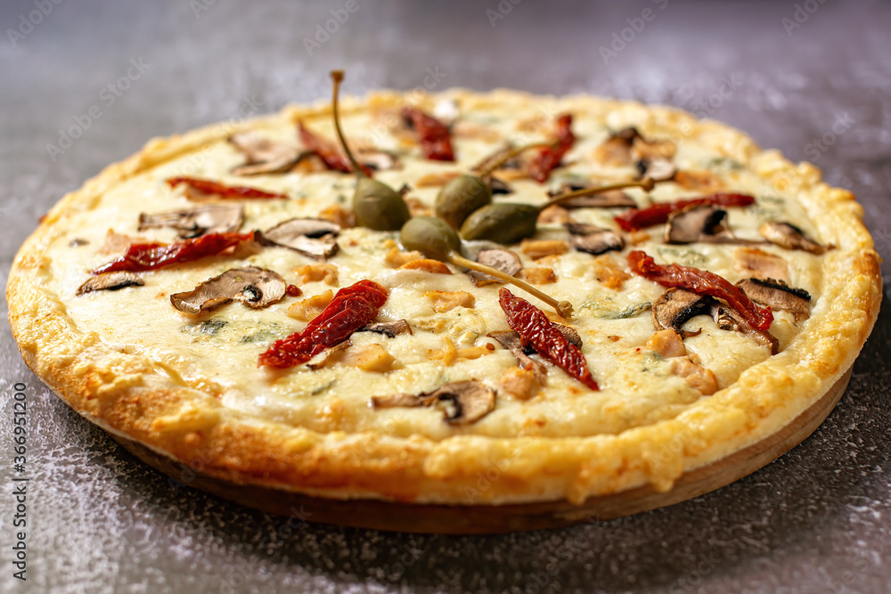 Close-up of tasty pizza with Mozzarella cheese, sun-dried tomatoes, mushrooms, cappers and grilled chicken