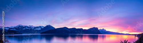 Sunset panorama in the Alps mountains. Lake Lucerne, Switzerland.