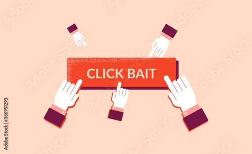 Clickbite on false news illustration. Media viral bait marketing ad button online fraudulent content web fishing flat dirty vector traffic strategic information tool.