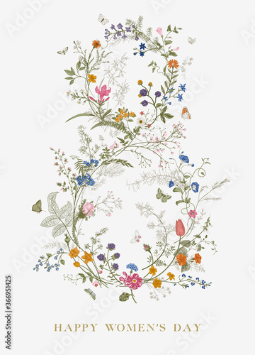 Greeting card. Happy Women's day. March 8. Vintage floral vector element. Victorian. Colorful