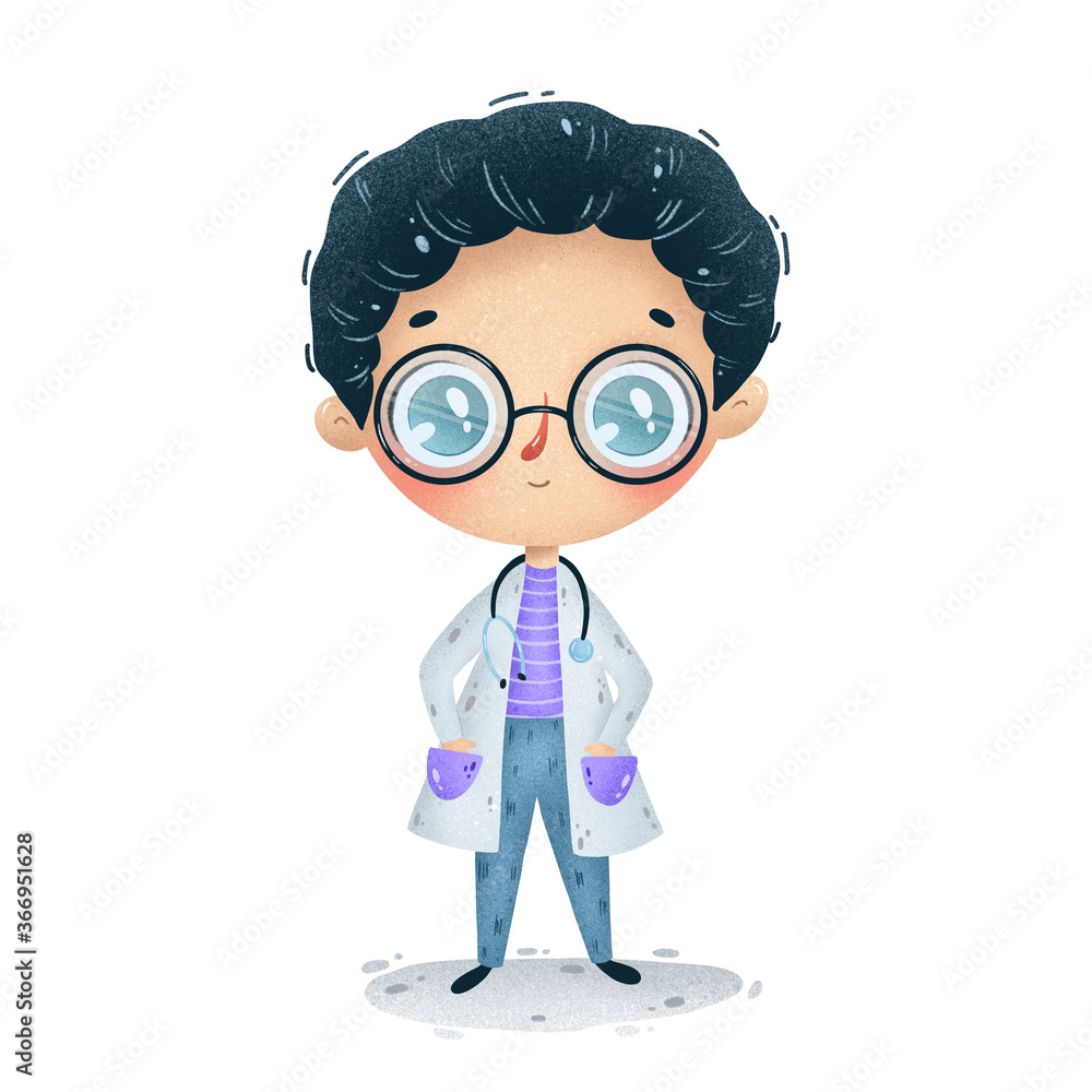Illustration of a cute cartoon doctor boy in a white coat, glasses and with a stethoscope isolated on a white background