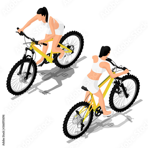 Vector isometric sport woman on bicycle. Healthy way of life concept. Transport Illustration in two projections isolated on white.