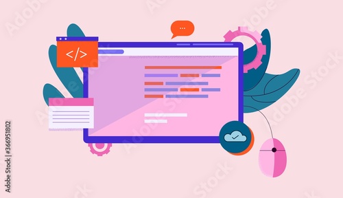 First person programming illustration. Online product development software coding technology creative information flat applications professional vector website development.