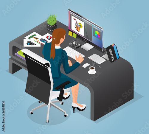 Vector isometric designer working place. Artist on working proccess.